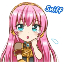 a cartoon girl with pink hair and blue eyes is crying and says sniff .