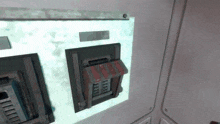 a computer generated image of a machine with a red and white awning on it