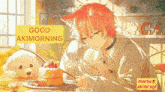 a boy with cat ears is sitting at a table with a dog