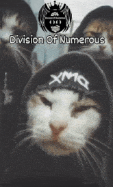 a cat wearing a black hoodie that says xma