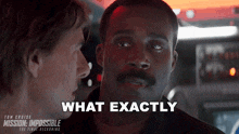 a man with a mustache is talking to another man with the words " what exactly " above him