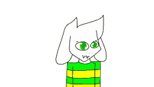 a drawing of a white rabbit with green eyes wearing a green and yellow striped shirt .