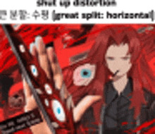 a woman with red hair is holding a sword in her hand and a red background .