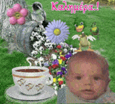 a picture of a baby and a cup of coffee with flowers and birds in the background with the words " καλημερα " in pink