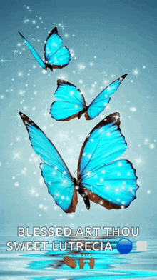 three blue butterflies are flying in the air with the words blessed art thou sweet lutricia below them