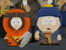 two cartoon characters from south park are standing next to each other holding musical instruments .