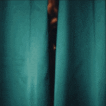 a person is peeking out from behind a green curtain .
