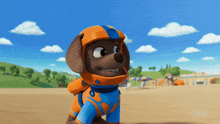 a cartoon dog wearing an orange and blue space suit is standing on a beach