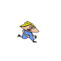 a cartoon character with a yellow hat and a blue dress is running .