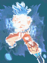 a drawing of a person with blue hair and a blue background