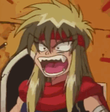a cartoon character with blonde hair is making a funny face .