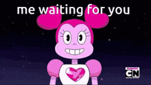 a pink cartoon character with a heart on her chest is standing in front of a dark background .