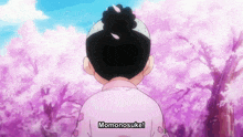 a cartoon character says momonosuke in front of cherry blossom trees