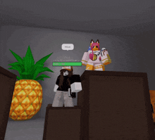 a screenshot of a video game shows a pineapple and a girl standing next to it