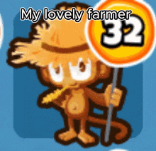 a monkey wearing a straw hat is holding a sign with the number 32 on it