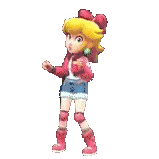 a pixel art of a girl in a red jacket and shorts .