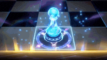 a glowing chess piece on a checkered floor