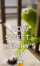 a kermit the frog is sitting on a railing and says how sweet ... hemry 's up .