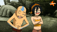 a cartoon of a boy and a girl laughing with a nickelodeon logo behind them