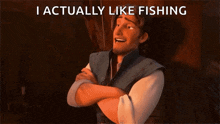 a cartoon of a man with the words i actually like fishing behind him
