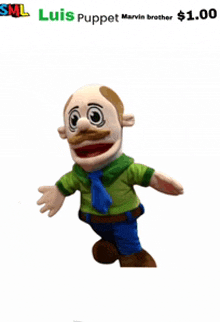 a sml luis puppet with a blue tie and green shirt