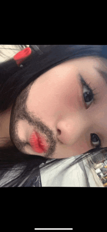 a woman with a fake beard and red lips