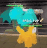 a yellow stuffed animal is standing next to a blue stuffed animal in a video game called bread pup .