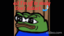 a cartoon of a frog with the words " all i 'm off to study don 't disturb " on it