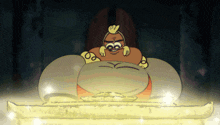 a cartoon character with a big belly and a hand on his head