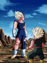 a cartoon of a man standing next to a smaller man