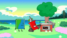 a cartoon drawing of a book and a red object that says 9/10