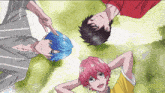 three anime characters are laying on the ground with their hands behind their head