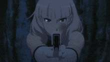 a girl with white hair is holding a blue object