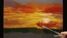 a person is painting a sunset with a spatula and the words made in animatica on the bottom