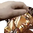 a hand is holding a cartoon character 's head in a pixel art style .