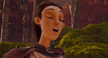 a cartoon character is standing in a forest and looking at the camera .