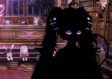 a girl with purple eyes is standing in front of a stack of books in a library