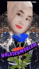 a woman in a hijab is surrounded by blue roses and the words ' selamat ' on the bottom