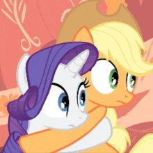 a cartoon of rarity and applejack hugging