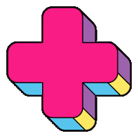 a pink and purple plus sign with a yellow and blue border