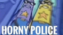 a cartoon of two police officers standing next to each other and the words horny police .