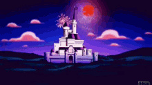 a cartoon of a castle with fireworks in the background and the letters abc on the bottom