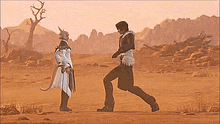 a man and a woman are standing in a desert looking at each other