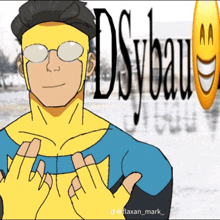 a cartoon of a man in a yellow and blue superhero costume with the word dsyeau in the background