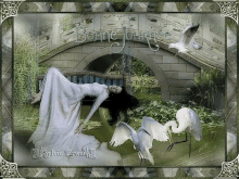 a woman in a white dress is laying on a bench under a bridge with the words bonne journee written above her