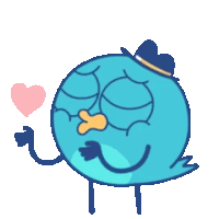 a blue bird wearing a hat is holding a pink heart in its beak