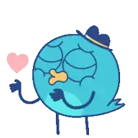 a blue bird wearing a hat is holding a pink heart in its beak
