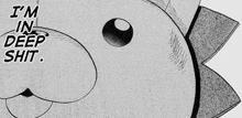 a black and white drawing of a fish with the words " i 'm in deep shit " on it