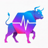 a blue and purple bull with a heartbeat line coming out of its mouth