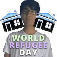 a poster for world refugee day shows a man with glasses